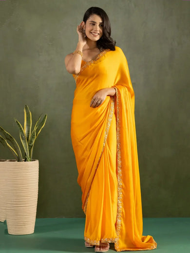 Dazzling Mustard Yellow Chiffon Haldi Wear Pre - Stitched Saree - Ethnic Plus In